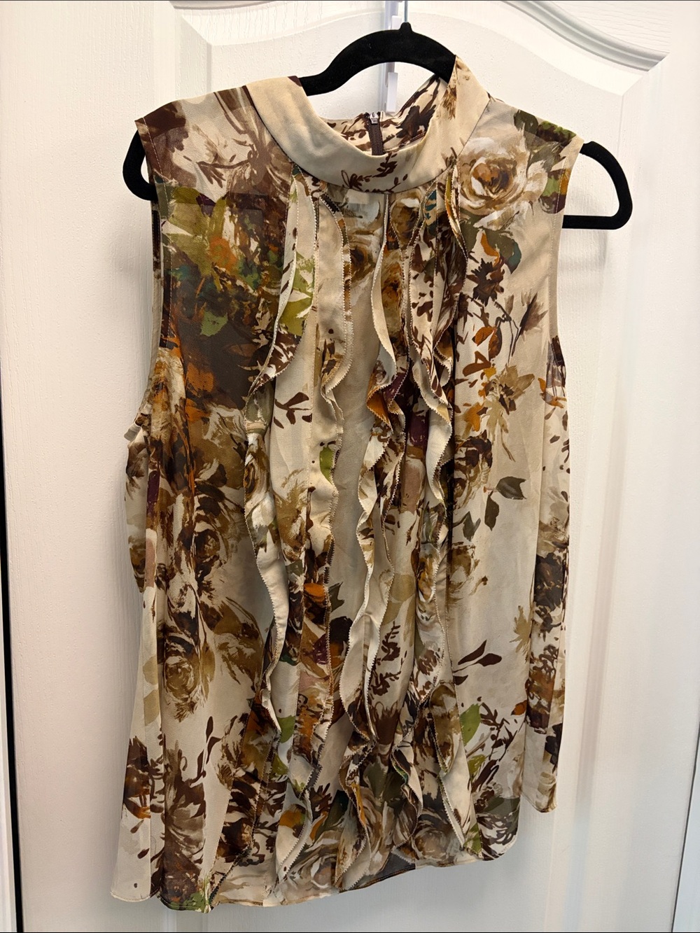 Jones New York Sleeveless Floral Ruffle Blouse - Cream, Brown, Green